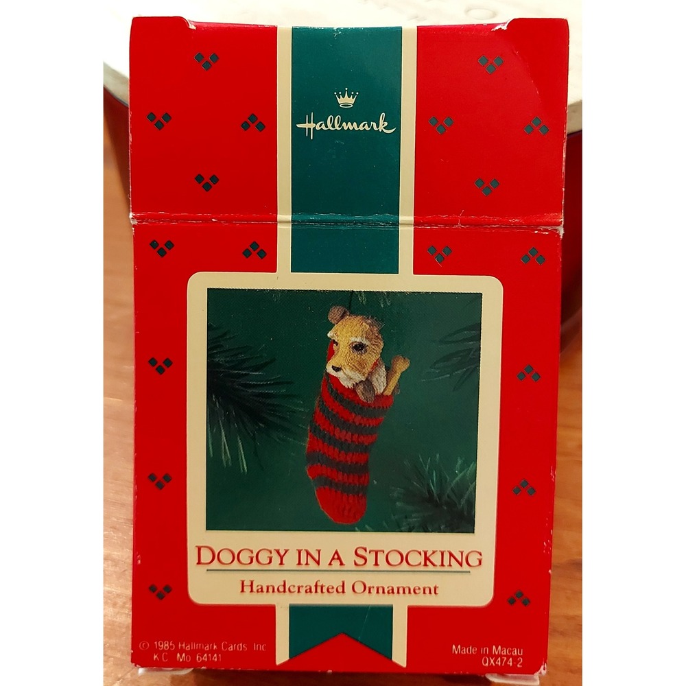 Vintage 1985 Hallmark Keepsake Doggy in a Stocking Ornament QX474-2 Puppy Dog